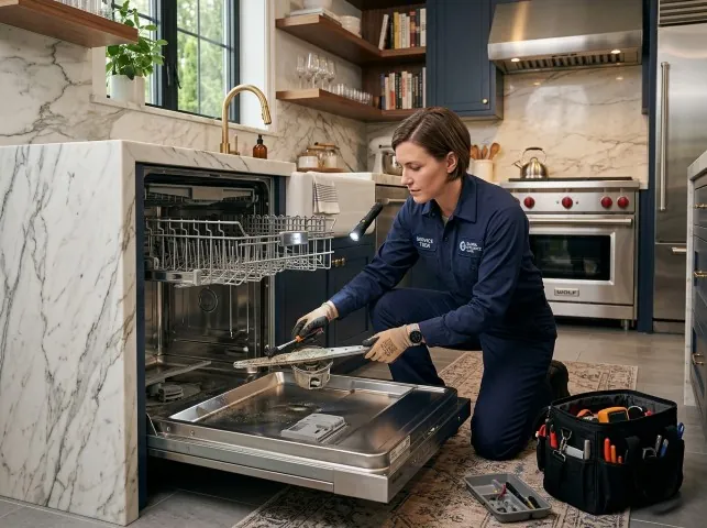 Appliance Repair Hero technician servicing a built-in dishwasher in a Butler, OH kitchen